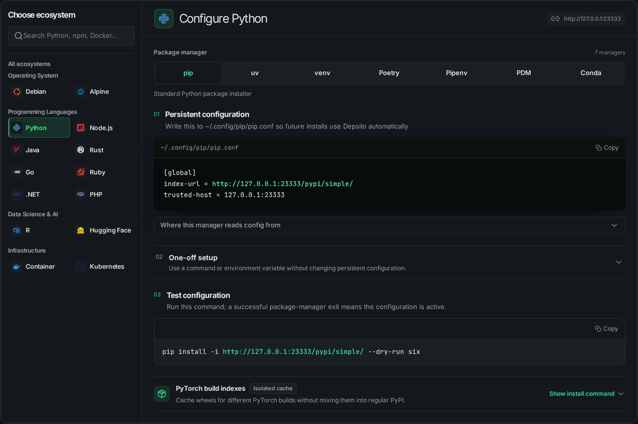 Depsilo Portal showing package-manager configuration and a test command.
